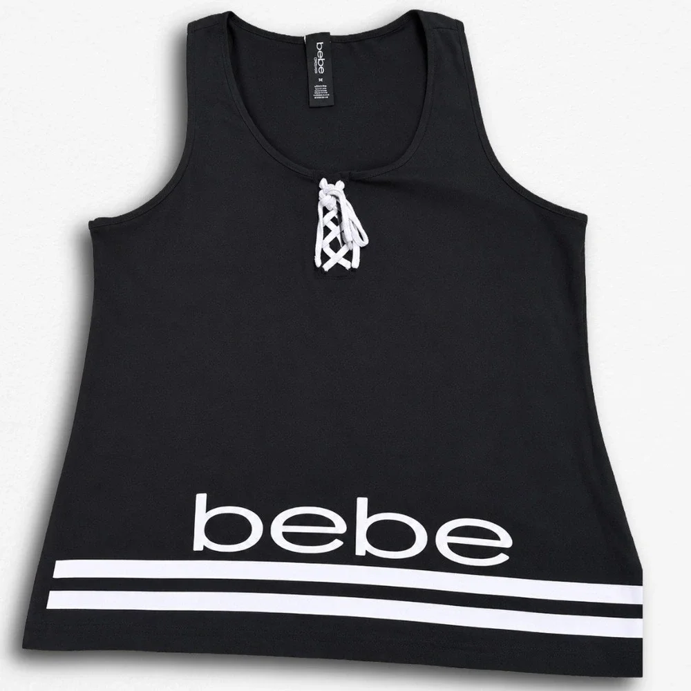 Bebe Sleepwear Womens‎ 1X Black White Lace Up Logo Graphic Lounge Tank Top